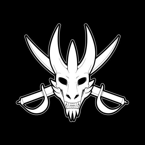 A dragon's skull in front of two crossed scimitar sabers, stylized as a pirate flag.